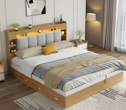 Giường ngủ gỗ công nghiệp đầu kệ gắn ốp nệm -GHK01